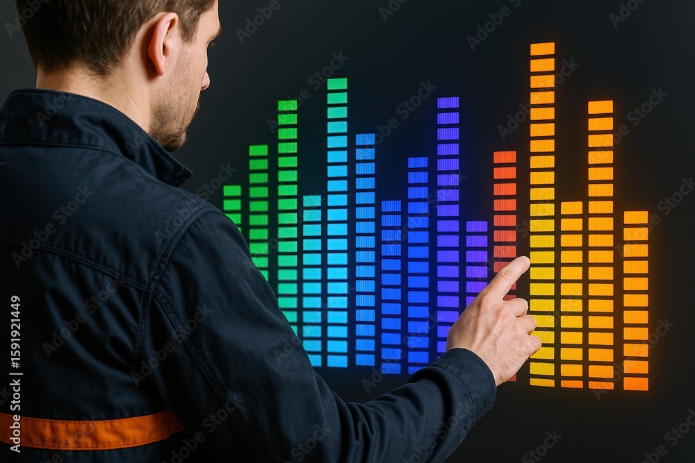Man interacting with colorful digital equalizer display on modern dark background. Man interacting with colorful digital equalizer display on modern dark background.