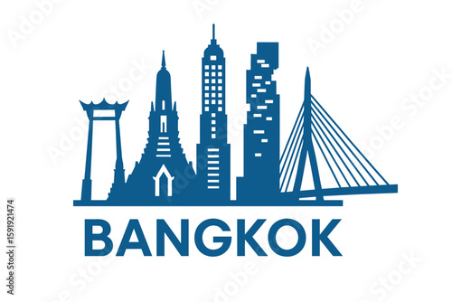 Bangkok skyline with temples, towers and Giant Swing icon