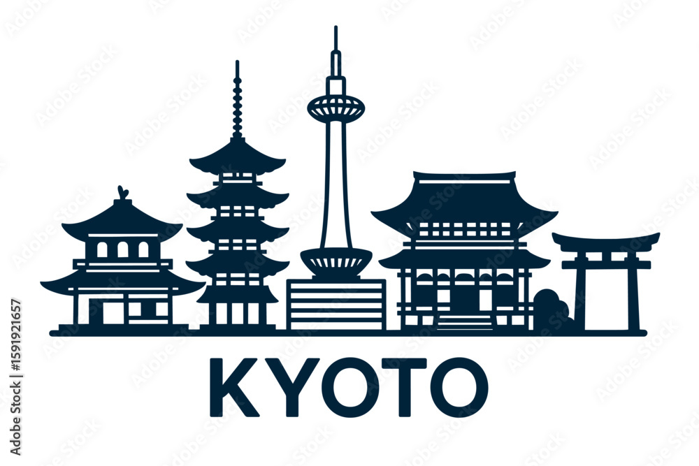 Naklejka premium Kyoto skyline with pagodas, torii gate and Kyoto Tower silhouette