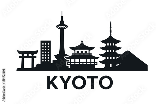 Kyoto skyline with pagodas, torii gate and Kyoto Tower silhouette