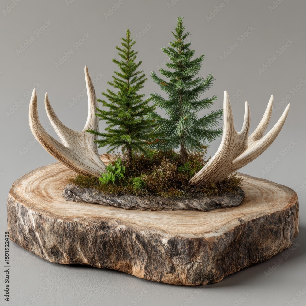 Fototapeta premium A rustic woodland diorama featuring realistic evergreen trees and moose antlers mounted on a natural wood slice