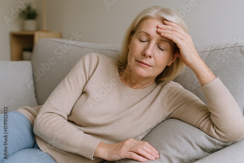 Woman experiencing headache or fatigue feeling with hand on forehead lying on sofa in living room.