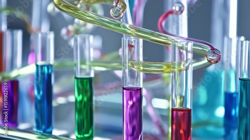 Colorful Liquids Flowing Through Glass Tubes: Abstract Science Experiment