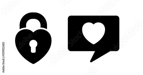 Heart-shaped padlock and speech bubble;  modern, minimalist, love concept icons.