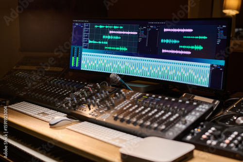 Billede på lærred Professional audio mixing console with multiple sliders and buttons positioned i