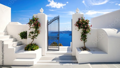 Whitewashed Santorini terrace with open gate