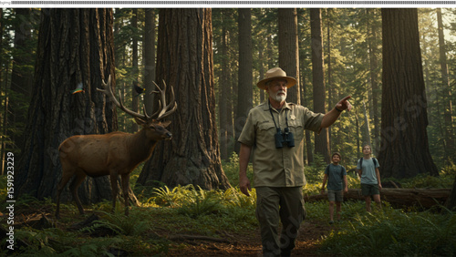 Forest Explorer A Nature Guide Leading a Hiking Tour Through a Scenic Redwood Forest with Wildlife Sightings.