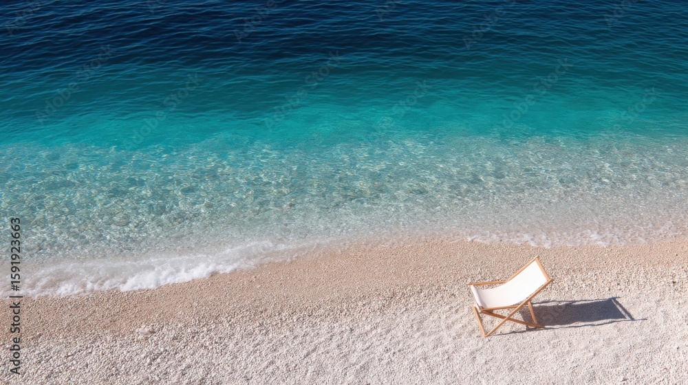 Obraz premium Aerial view of a tranquil beach with a single wooden lounge chair on pebbly sand, gentle waves lapping the shore, turquoise to deep blue water, serene atmosphere.