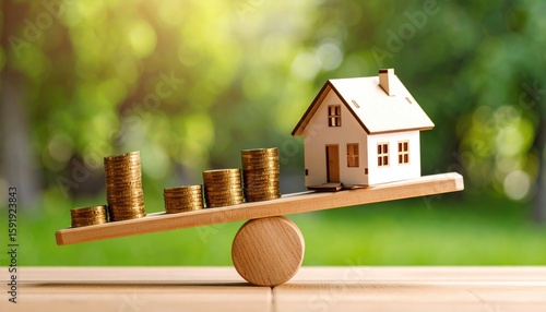 Wooden seesaw with coins and a house model, representing financial investment in real estate