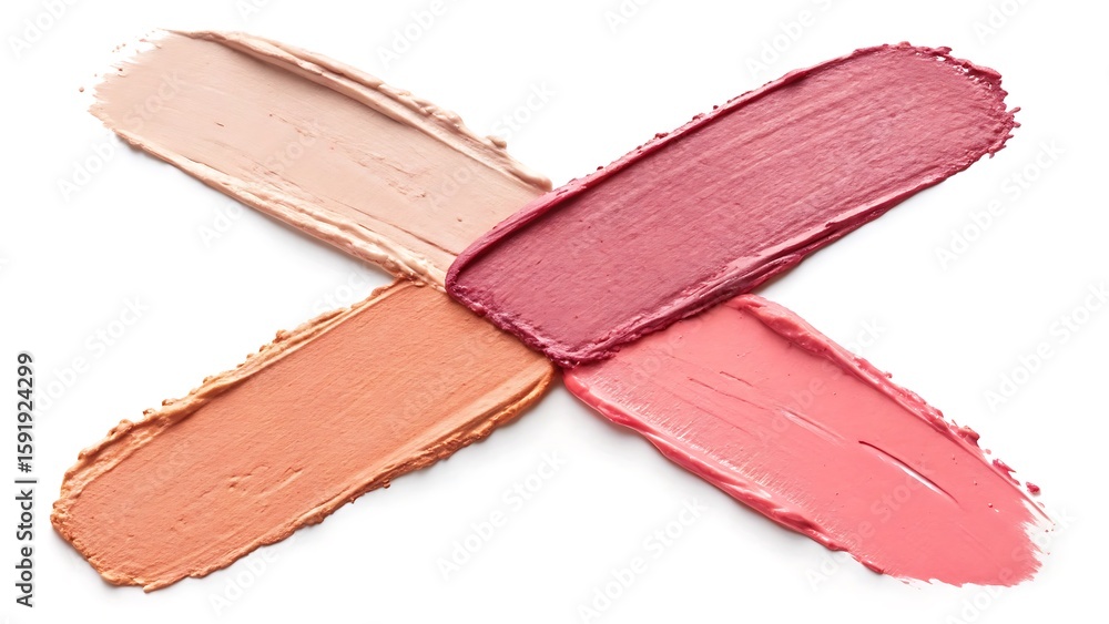 Fototapeta premium Four swatches of creamy makeup in shades of peach pink rose and nude arranged in an x shape on a white background