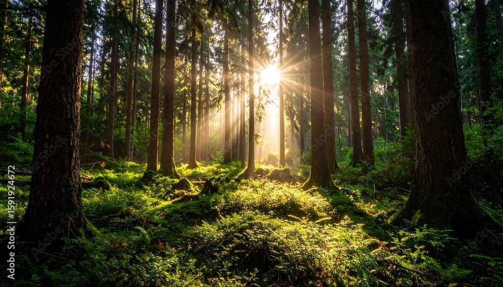 Obraz premium Sunlight streams through a dense forest