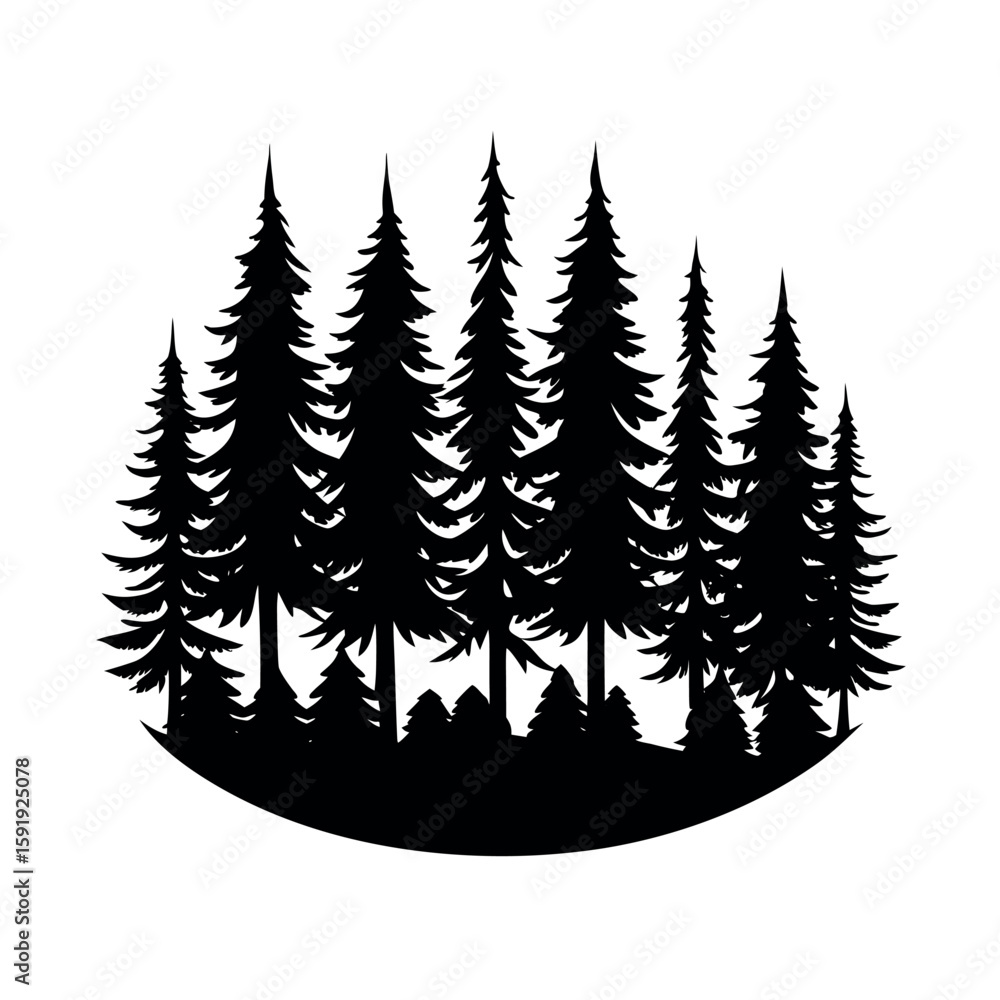 Fototapeta premium Dense forest scene with tall trees in alignment Line Art Vector illustration