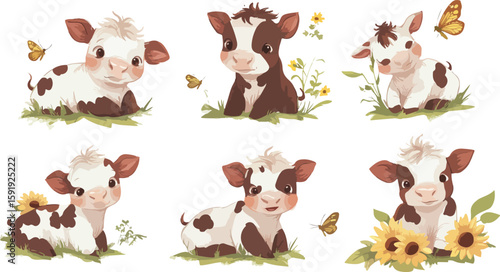 Wallpaper Mural Cute Cartoon Calves Border with Flowers and Butterflies on White Background Torontodigital.ca