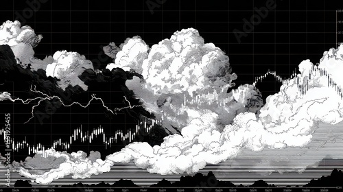 Stock market chart with dramatic cloud illustration, black