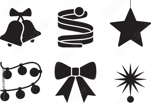 Christmas Silhouette Icons of Bells, Ribbon, Star, Bow, String Lights and Sparkling Ornament for Festive Holiday Designs

