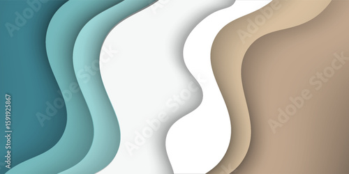 Abstract blue sea and beach summer background with paper waves and seacoast for banner, invitation, poster or web site design. Paper cut style, 3d effect imitation