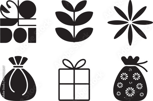 Black and White Gift Bag and Present Icons – Silhouette Vector Set of Decorative Holiday Packaging, Birthday Gift Box, Festive Wrapping Designs for Christmas, New Year, and Celebrations