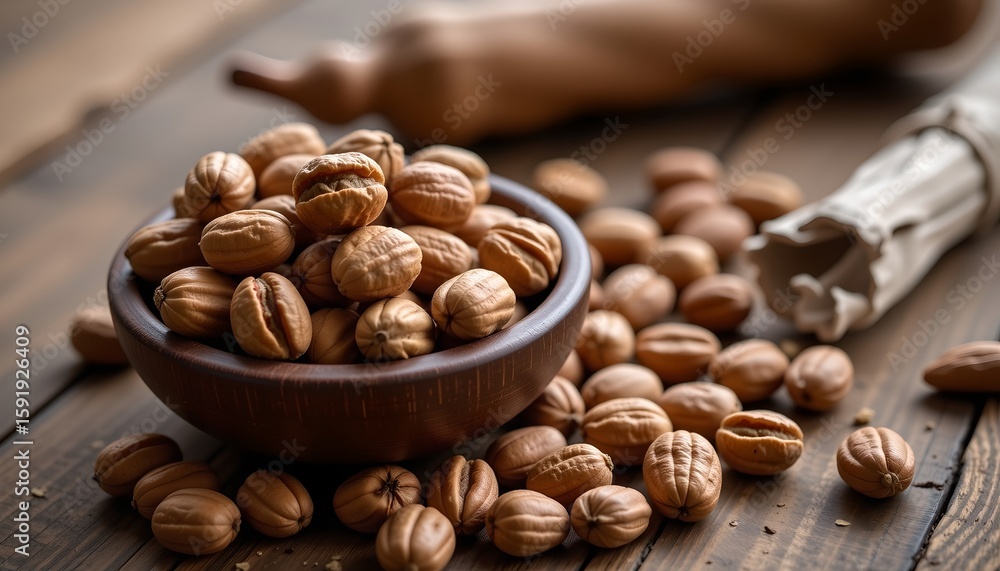 A wooden bowl filled with dried nuts placed on a rustic wooden table, surrounded by scattered nuts and a cloth roll in the background. A wooden bowl filled with dried nuts placed on a rustic wooden table, surrounded by scattered nuts and a cloth roll in the background.