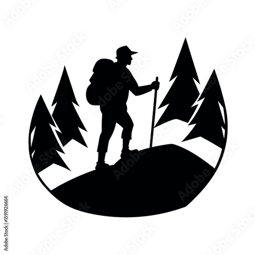 Hiker standing on hilltop looking out to nature Line Art Vector illustration