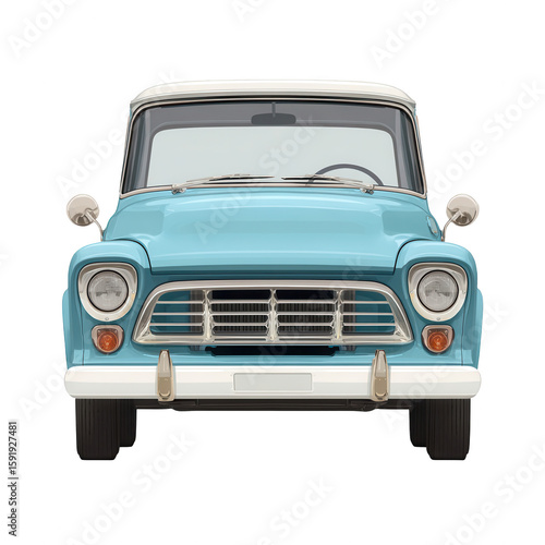 A front view of a light blue vintage pickup truck with a white roof on a black background