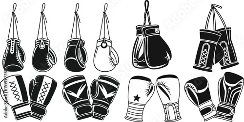 Boxing gloves vector set, sports icon collection, fitness symbol group, combat illustrations in flat and line style, martial arts equipment pack, training graphic bundle, fight gear kit