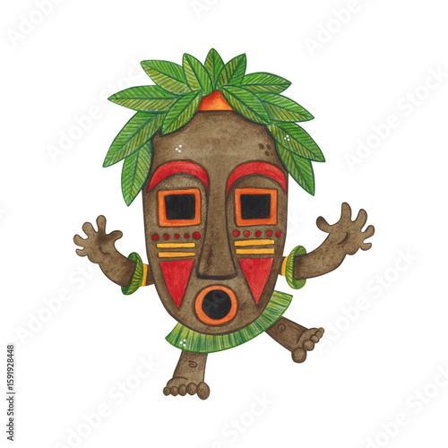 Konstfotografi African aborigine with arms outstretched to the sides in a long colorful mask with green leaves