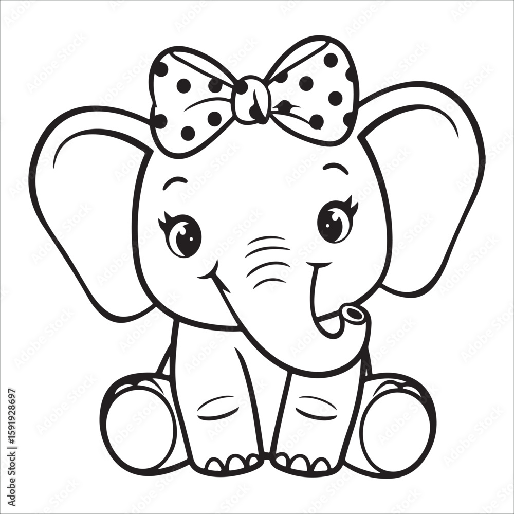 Fototapeta premium Cute cartoon baby elephant with polka dot bow sitting and smiling