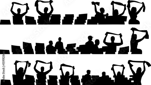 Silhouette of crowd cheering and waving scarves in stadium seating arrangement illustration