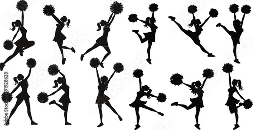 Black Line Cheerleader Icons Set including Flat Pom Pom Dance and Spirit Symbol Collection with Minimal Cheer Icon Group for Sports Event UI School Team Web and Performance Projects