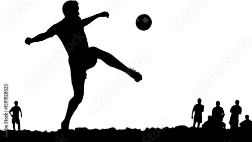 Silhouette of a soccer player kicking a ball with spectators in the background on a white background