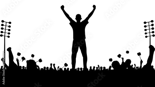 Silhouette of a victorious figure with raised arms amid a cheering crowd under stadium lights scene design