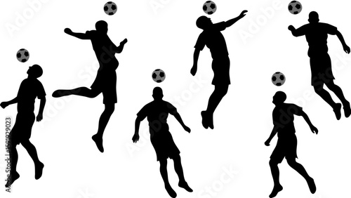 Silhouette illustration showing soccer players heading soccer balls in various action poses on a white background