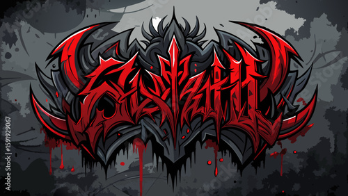 Stylized dark lettering with red accents and blood drips on a textured gray background design element
