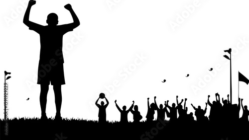 Silhouette of a triumphant figure with raised arms in front of cheering crowd and flags on poles