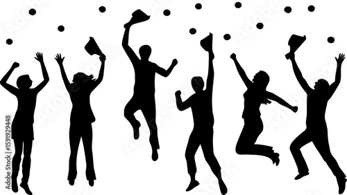 Silhouette of celebrating people jumping with graduation caps and confetti in the air with joy