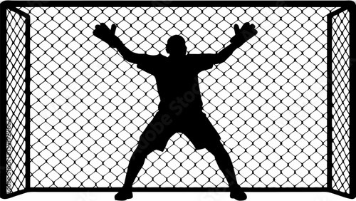 Silhouette of a goalkeeper defending the net with arms raised in a defensive stance on a black background