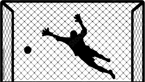 Silhouette of a soccer goalkeeper diving to block a ball in front of a net during an intense game play