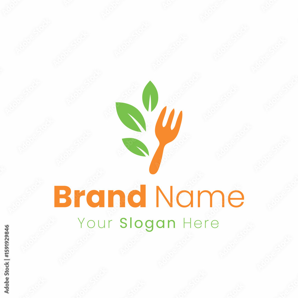 Fototapeta premium Creative fork and leaf logo for organic food restaurant or cafe business brand identity