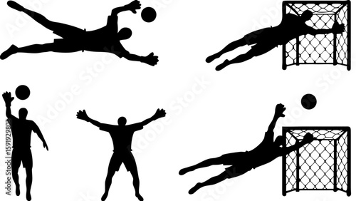 Silhouettes of soccer goalkeepers in action saving balls and defending the net from scoring attempts