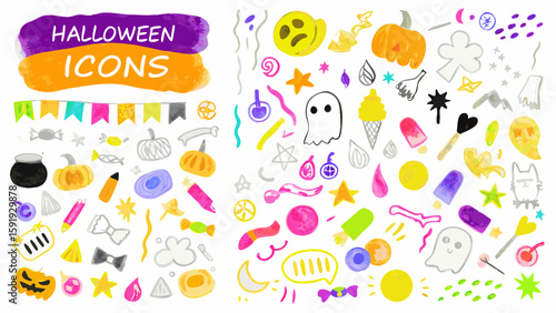 Watercolor halloween icons including pumpkins ghosts and candy on a white background in a festive arrangement