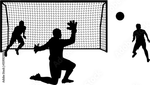 Silhouette of a soccer game with goalkeeper defending the net against two players with a ball in the air