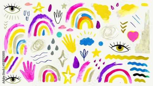 Watercolor illustration featuring rainbows, eyes, stars, hands, clouds, and other whimsical elements
