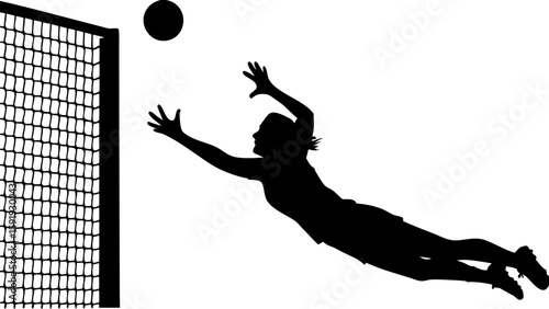 Silhouette of a female goalkeeper diving to save a ball near a net in a sports competition game