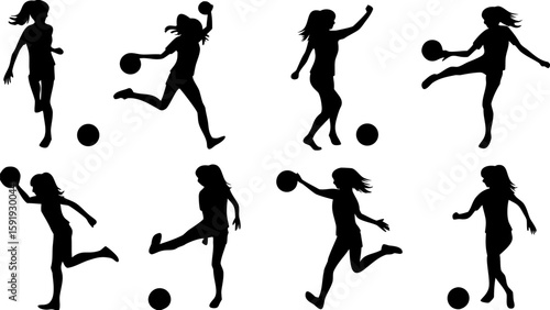 Silhouette of women playing with balls in various action poses on a white background image art