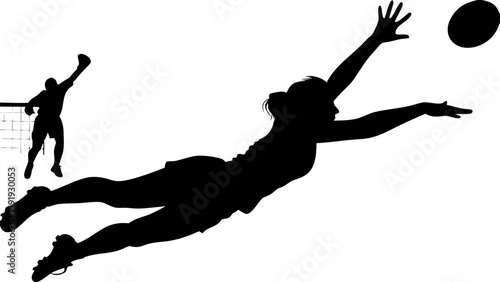 Silhouette of woman diving to catch a ball with another player jumping in the background action shot