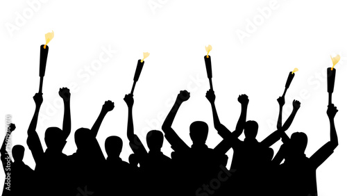 Silhouette of a crowd raising fists and torches in a show of solidarity and demonstration movement of people