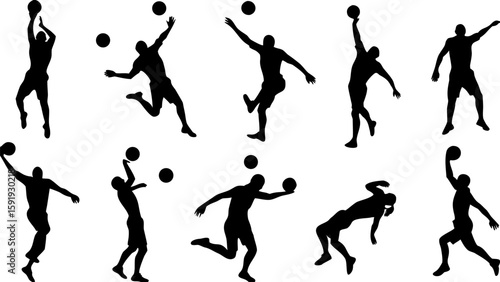 Silhouette illustration showing a group of people playing with balls in various dynamic action poses and stances