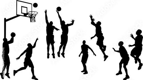 Silhouette of basketball players in action with ball and hoop on a white background game competition sport