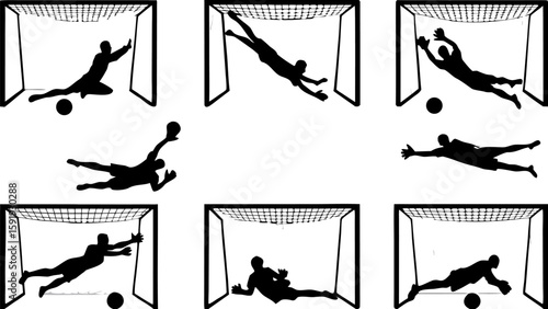 Silhouetted goalkeepers in action saving soccer balls in front of the net on a white background scene
