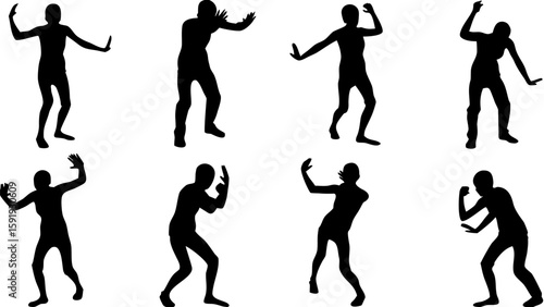 Silhouettes of people in various defensive poses against a white background in a vector illustration